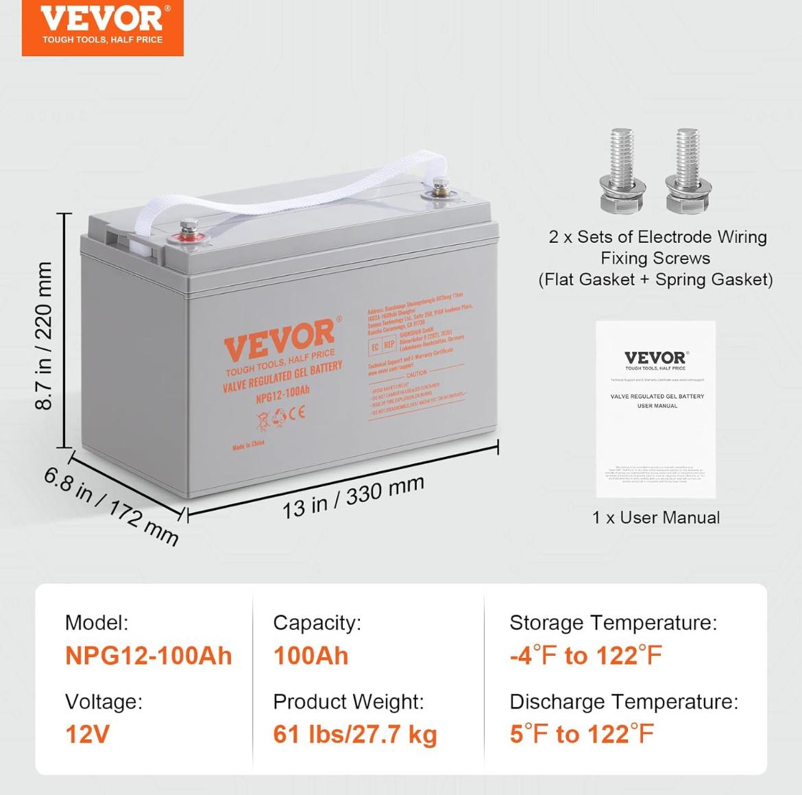Vevor Value Regulated Gel Batteries- 12V100AH