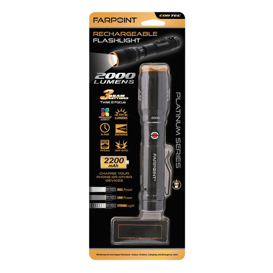 Farpoint 2000 Lumen Rechargeable Flashlight Platinum Series

FEATURES and BENEFITS:

2000 Lumen Rechargeable Flashlight
2200mAh battery can also charge your phone or other devices
3 beam settings; high, low and strobe
Twist to focus bezel
Solid state COB