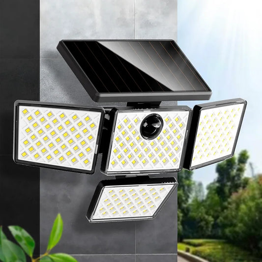 Solar Motion Sensor Lights, LED Security Lights with 4 Heads, IP65 Waterproof Wall Lights, Outdoor Flood Lights with Ground Stake for Garden Pathway Patio Yard.
